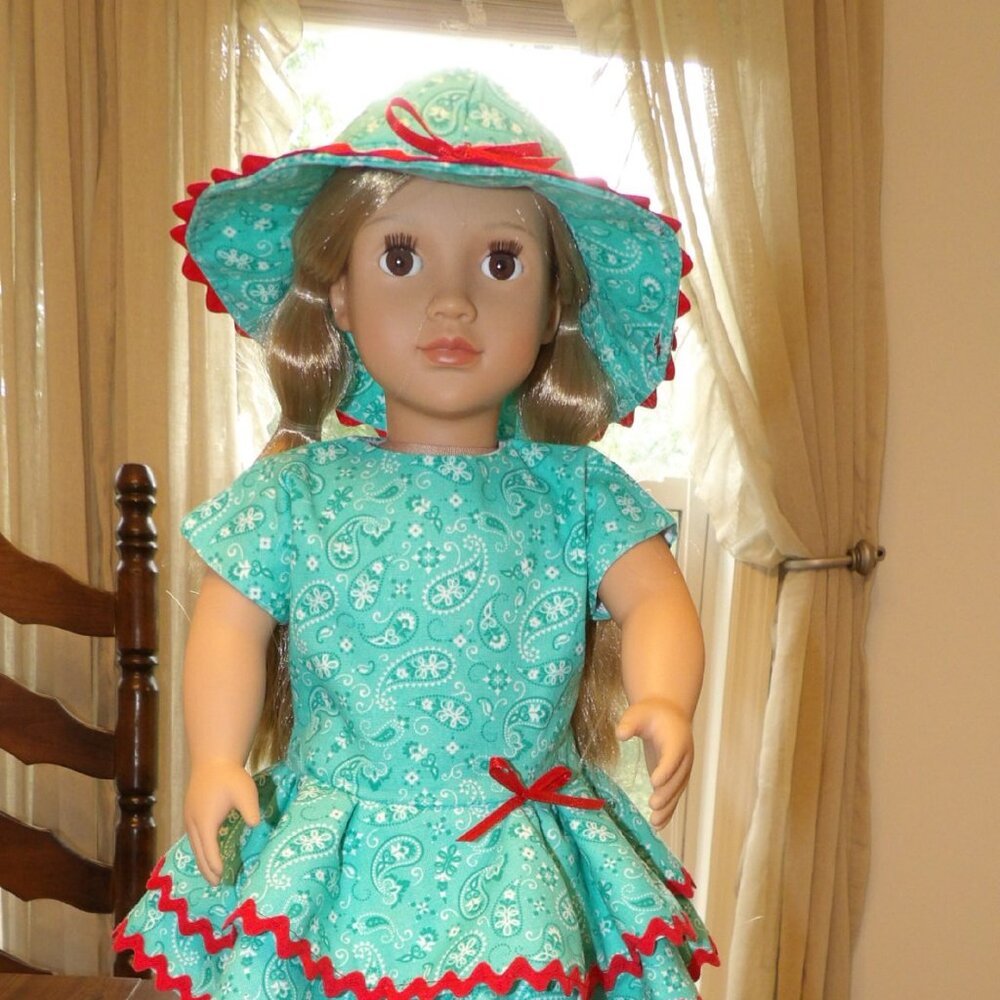 Teal Blue Bandana Red Rick Rack 18 Inch Doll Dress and Hat Hand Made